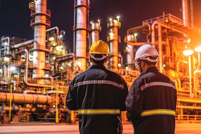 industrial-maintenance-engineering Zwei Ingenieure mit Schutzkleidung stehen vor einer großen Industrieanlage