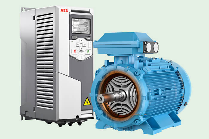Frequency inverter and electric motor free-standing next to each other